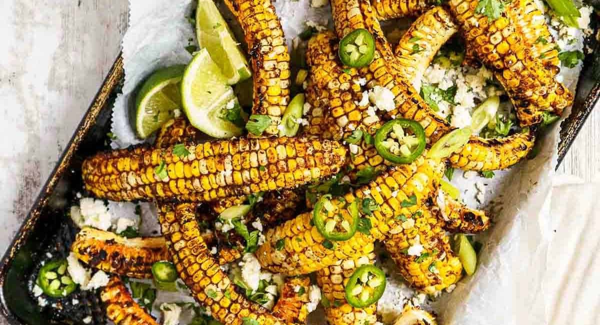 Overhead image of corn ribs with garnish.