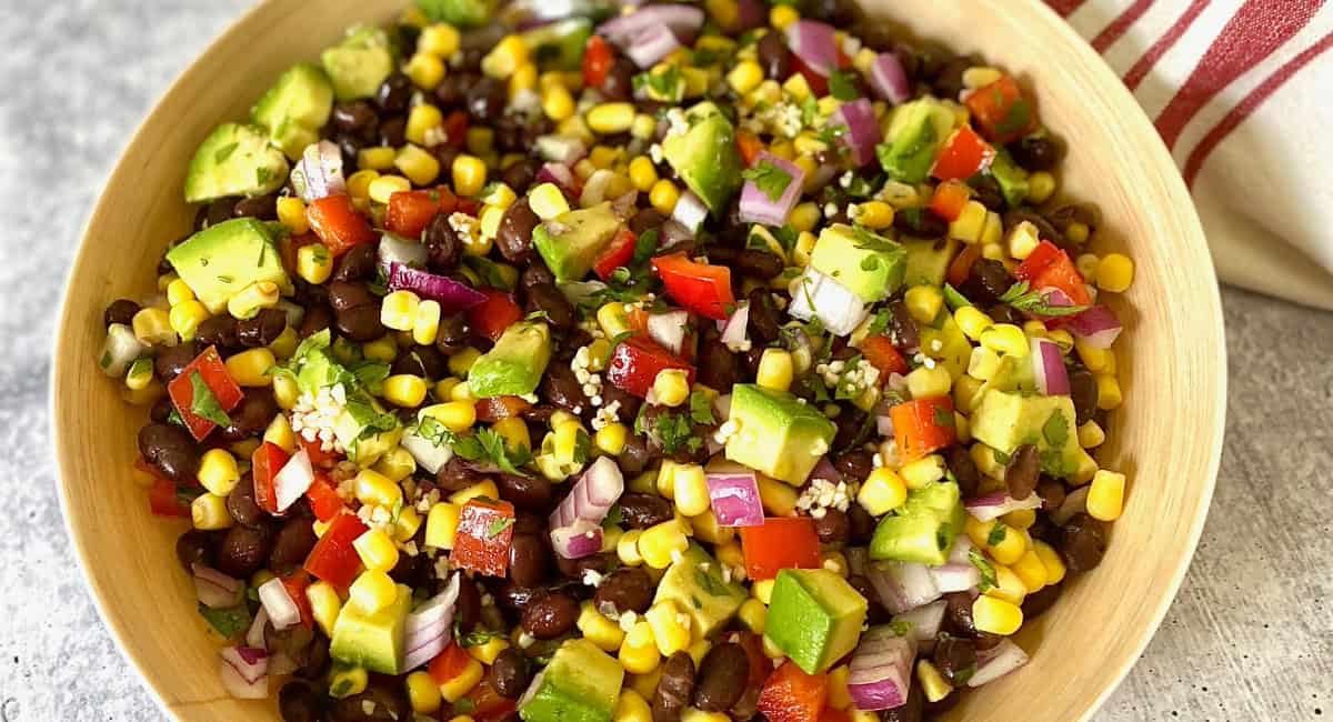 Overhead image of black bean and corn salad.
