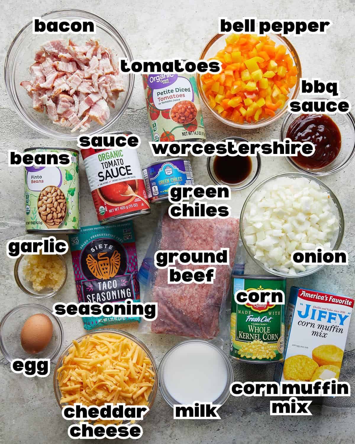 Overhead image of ingredients needed to make cornbread cowboy casserole.