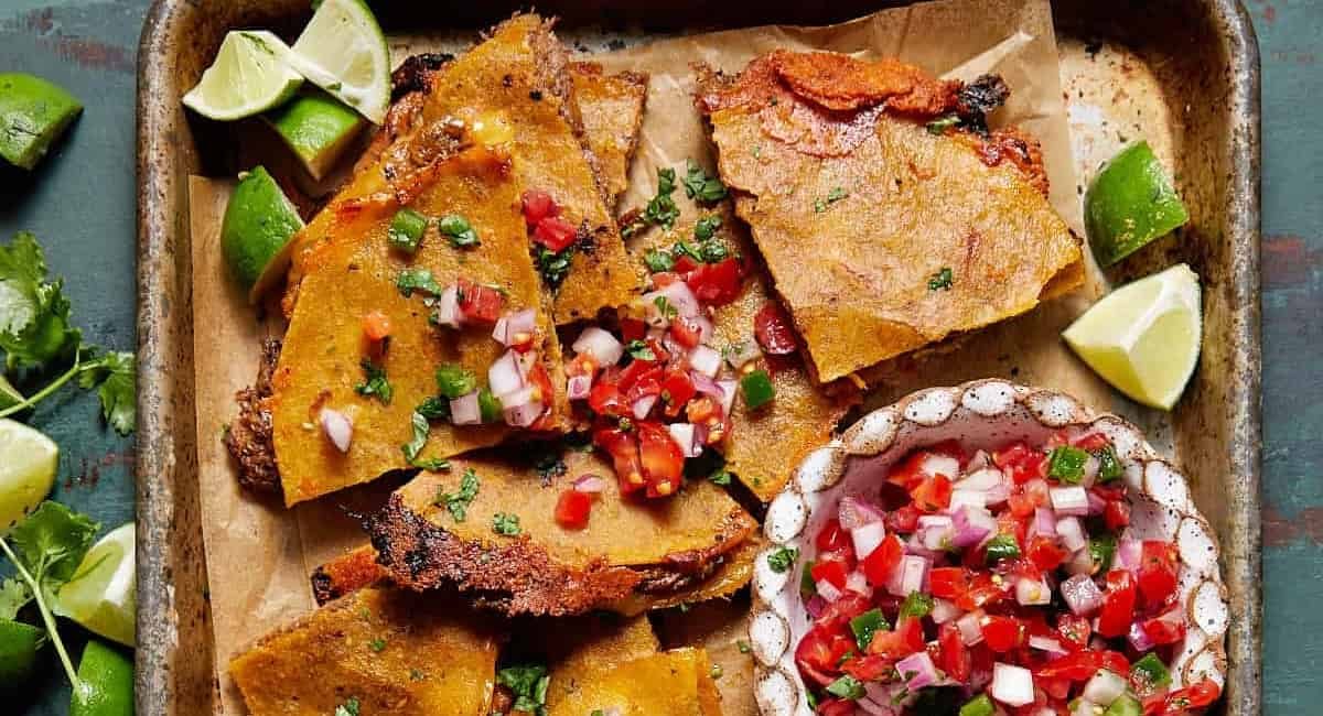 Overhead image of crispy corn tortilla quesadilla.