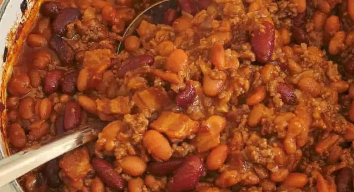 Overhead image of cowboy baked beans.