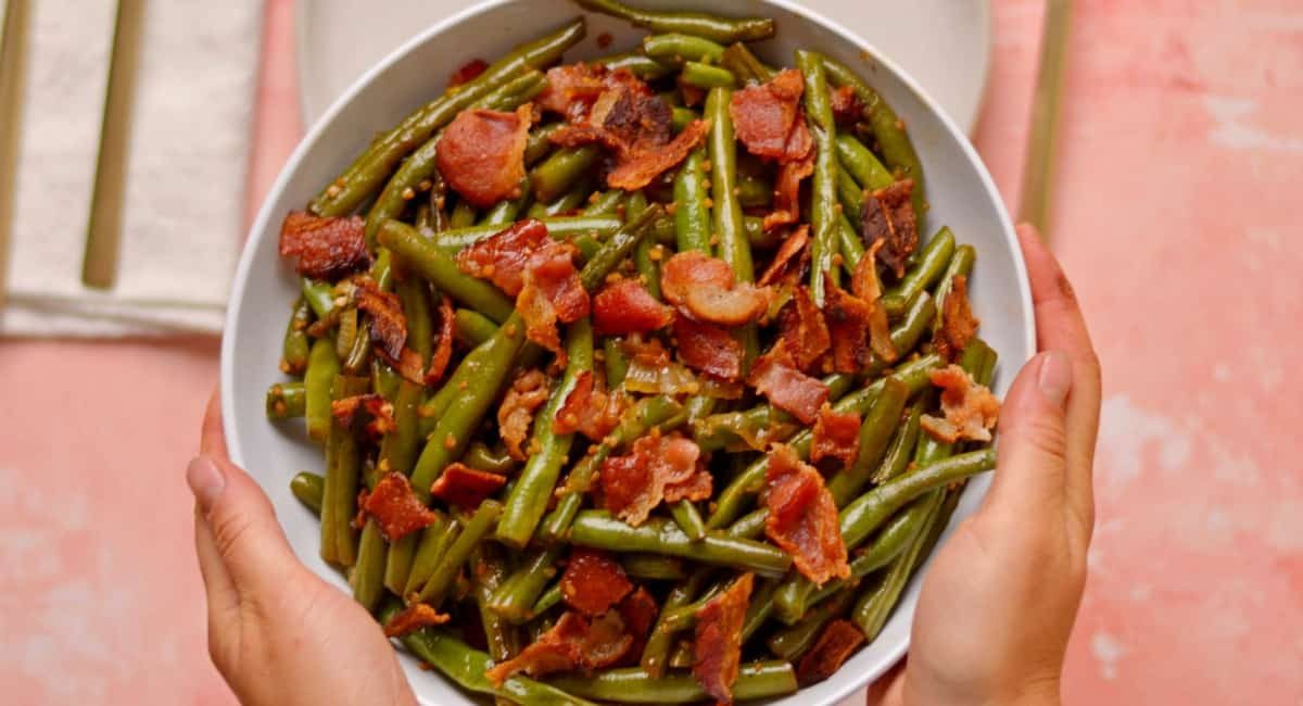 Overhead image of crack green beans.