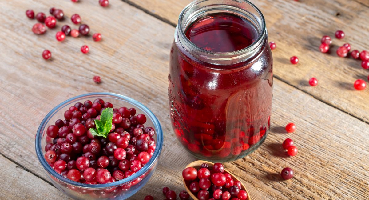 Overhead image of cranberry juice.
