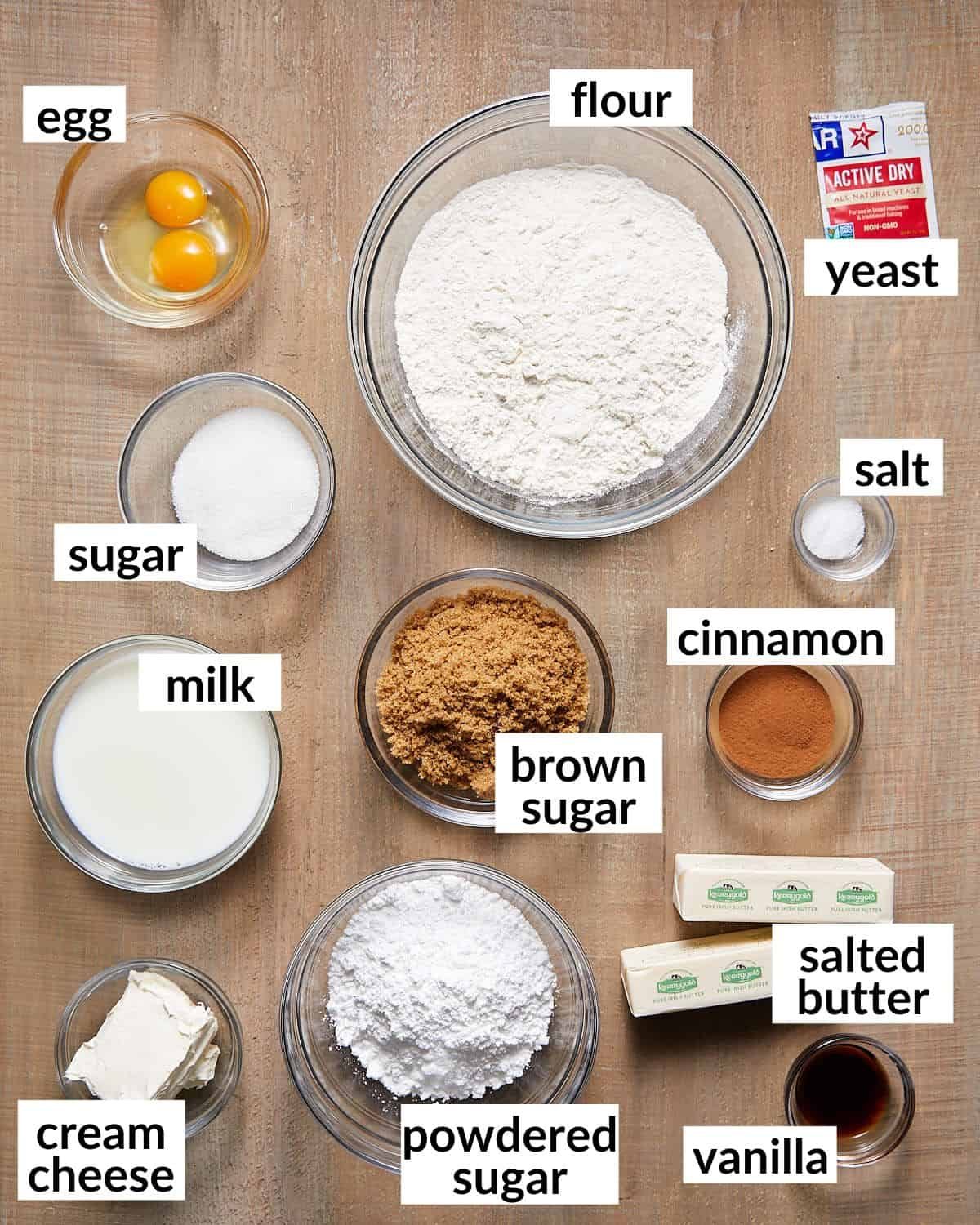Overhead image of ingredients needed to make brown butter cinnamon rolls.