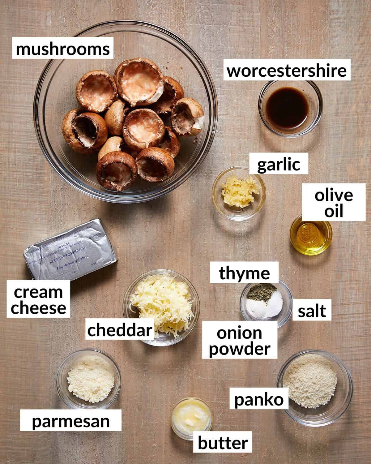 Overhead image of ingredients needed to make cream cheese stuffed mushrooms.