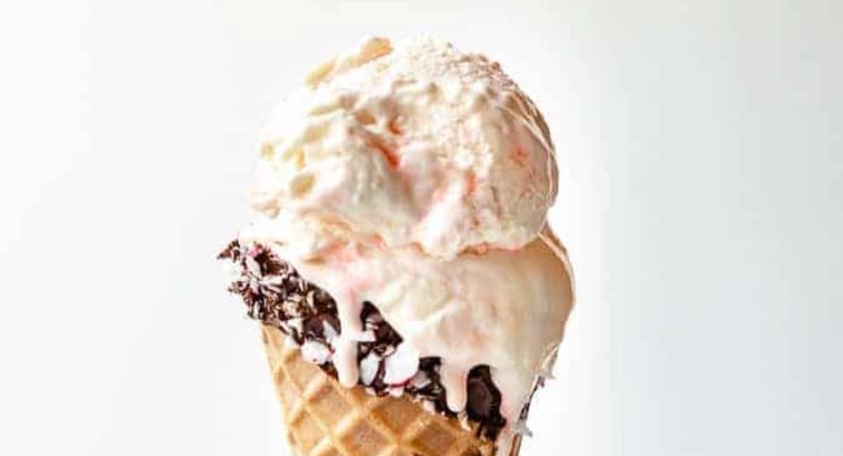 Up close image of creamy white chocolate peppermint ice cream.