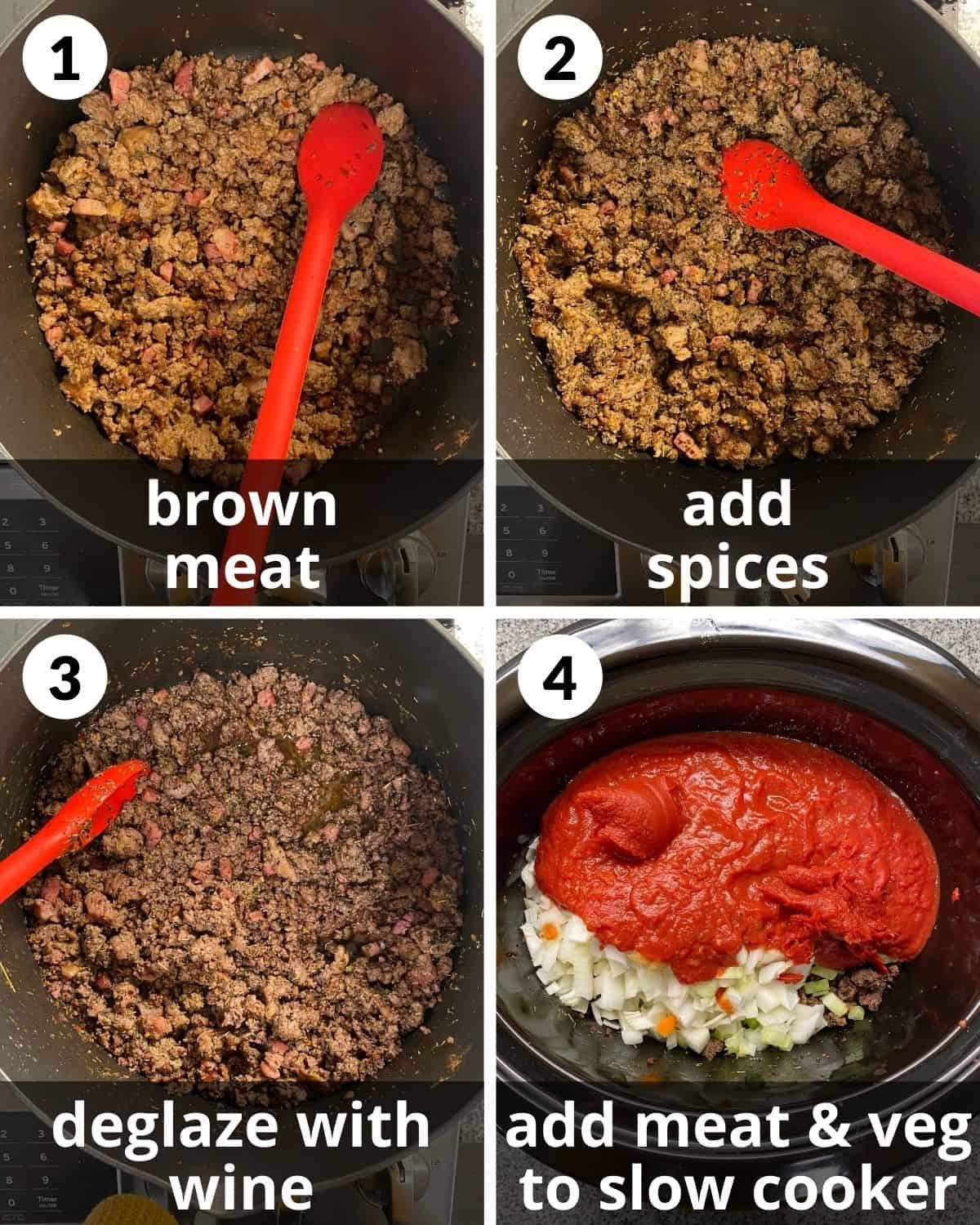 4 photos. Meat browned. Spices added. Added red wine. Meat and veggies in slow cooker.