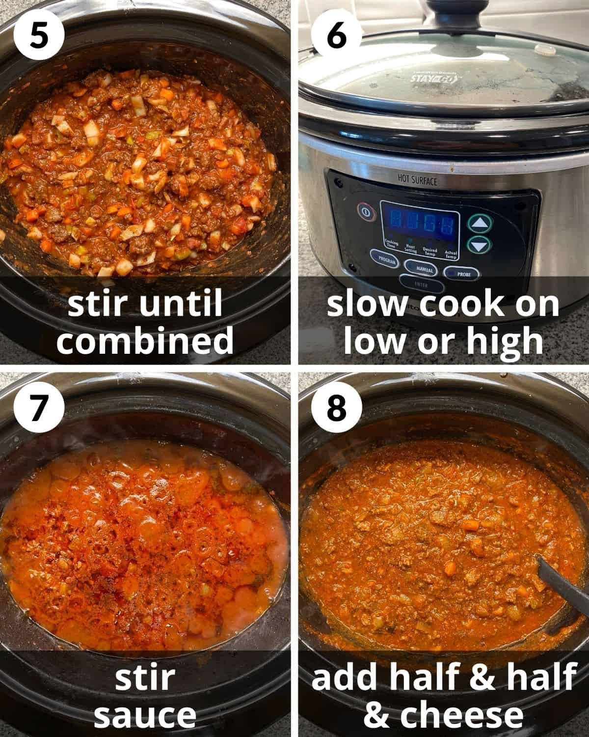 4 photos. Bolognese before simmering. Slow cooker on high. Sauce after cooking. Cheese and half and half added.