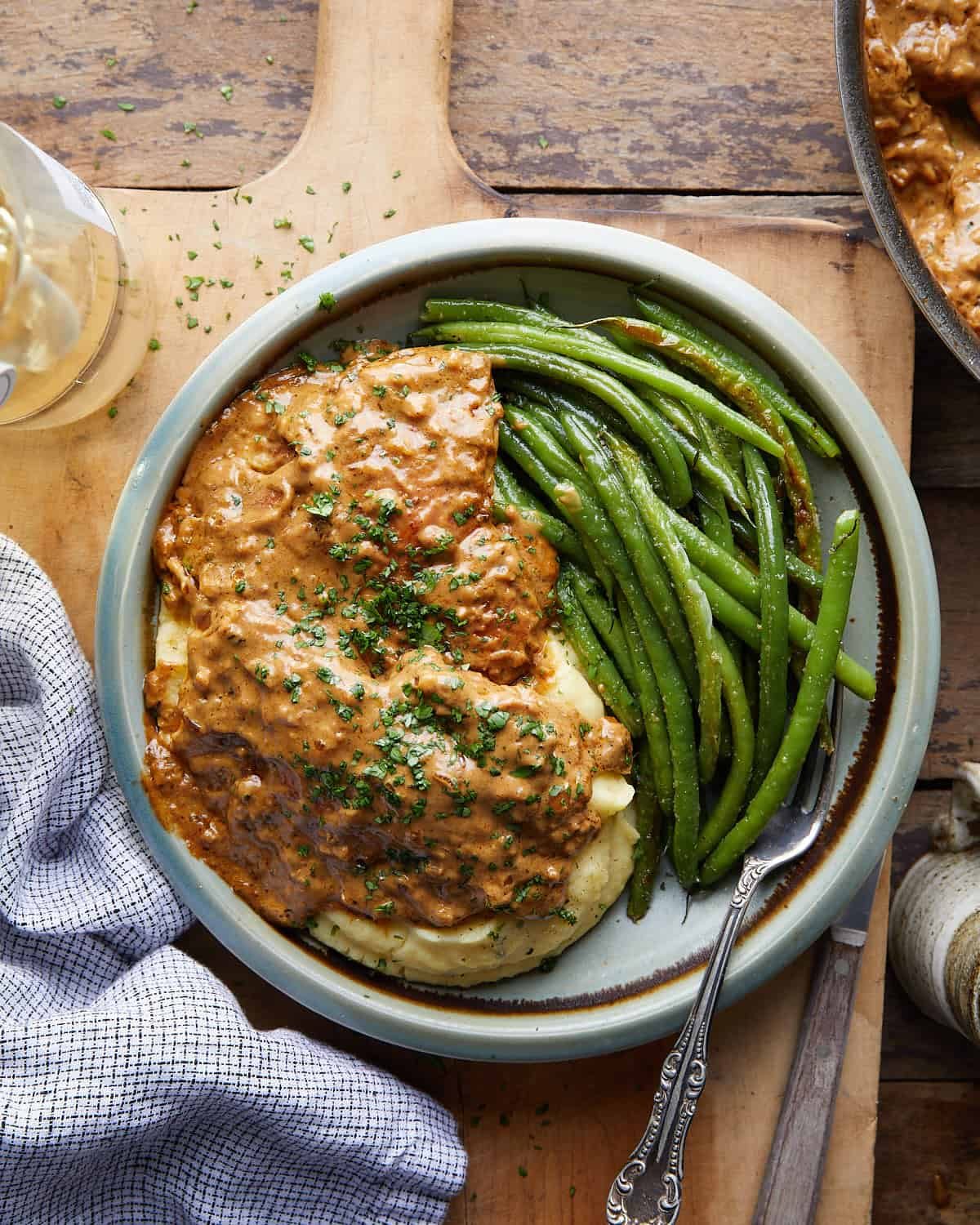 Overhead image of creamy chicken and mashed potatoes.