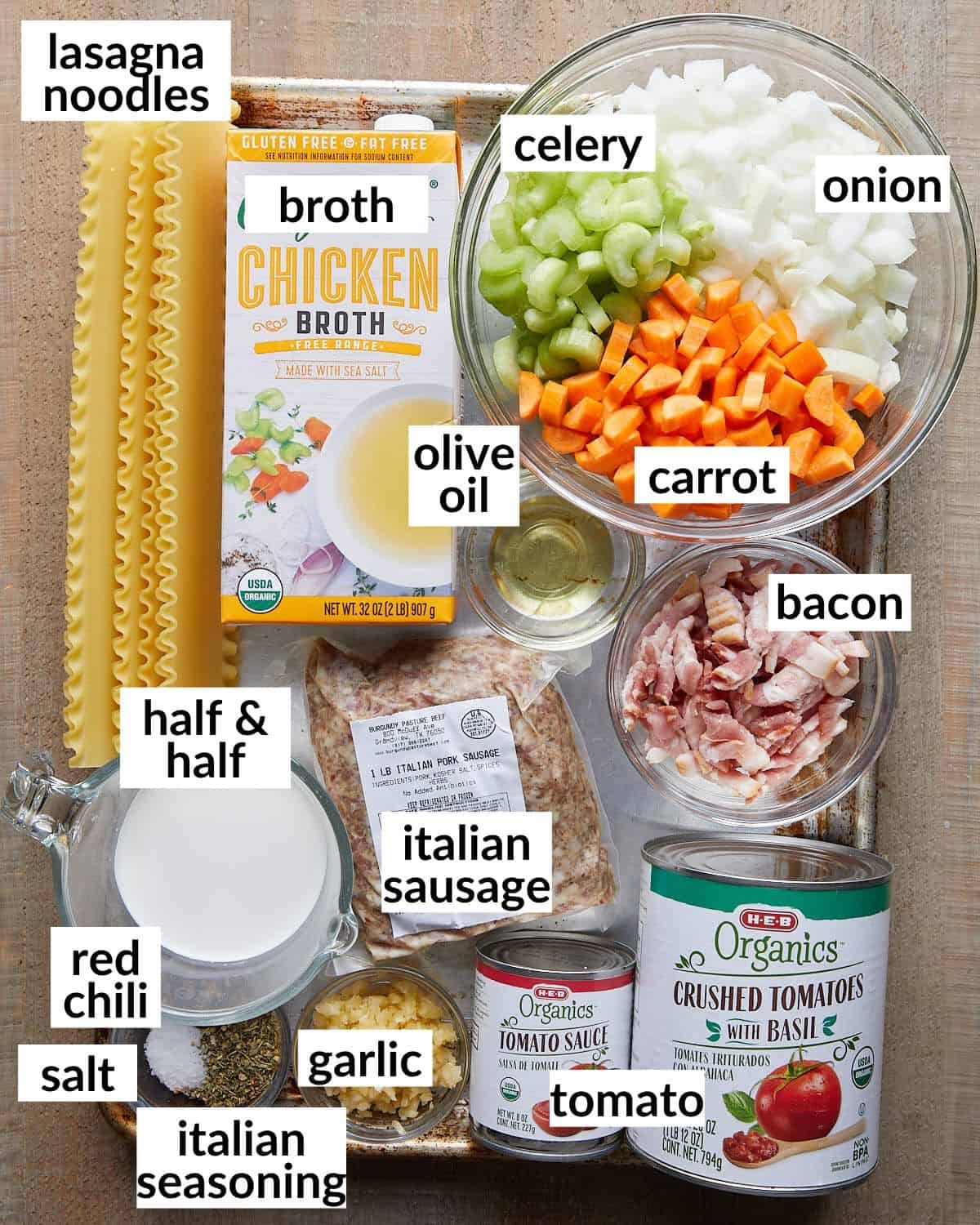 Overhead image of ingredients needed to make creamy lasagna soup.