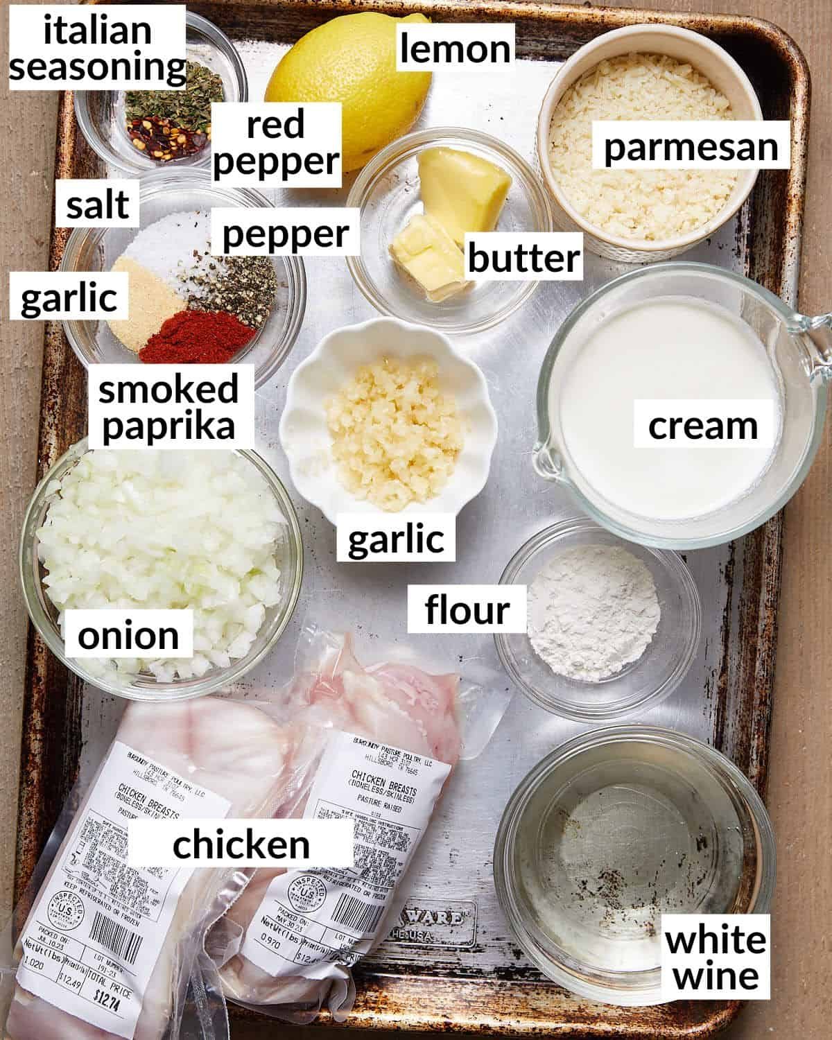 Overhead image of creamy lemon chicken ingredients.