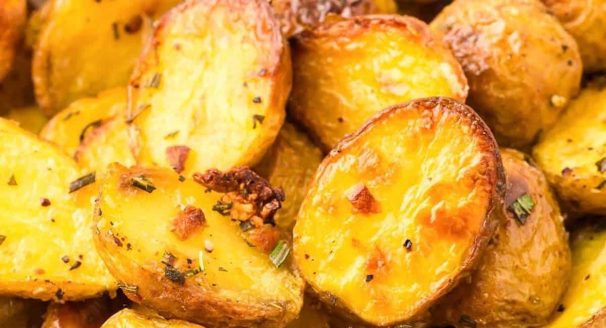 Overhead image of crispy oven roasted baby potatoes.