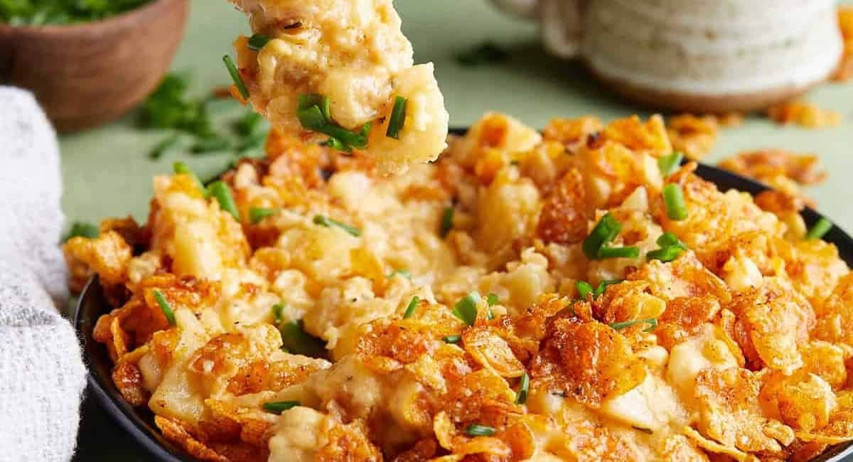 Up close image of crockpot funeral potatoes.
