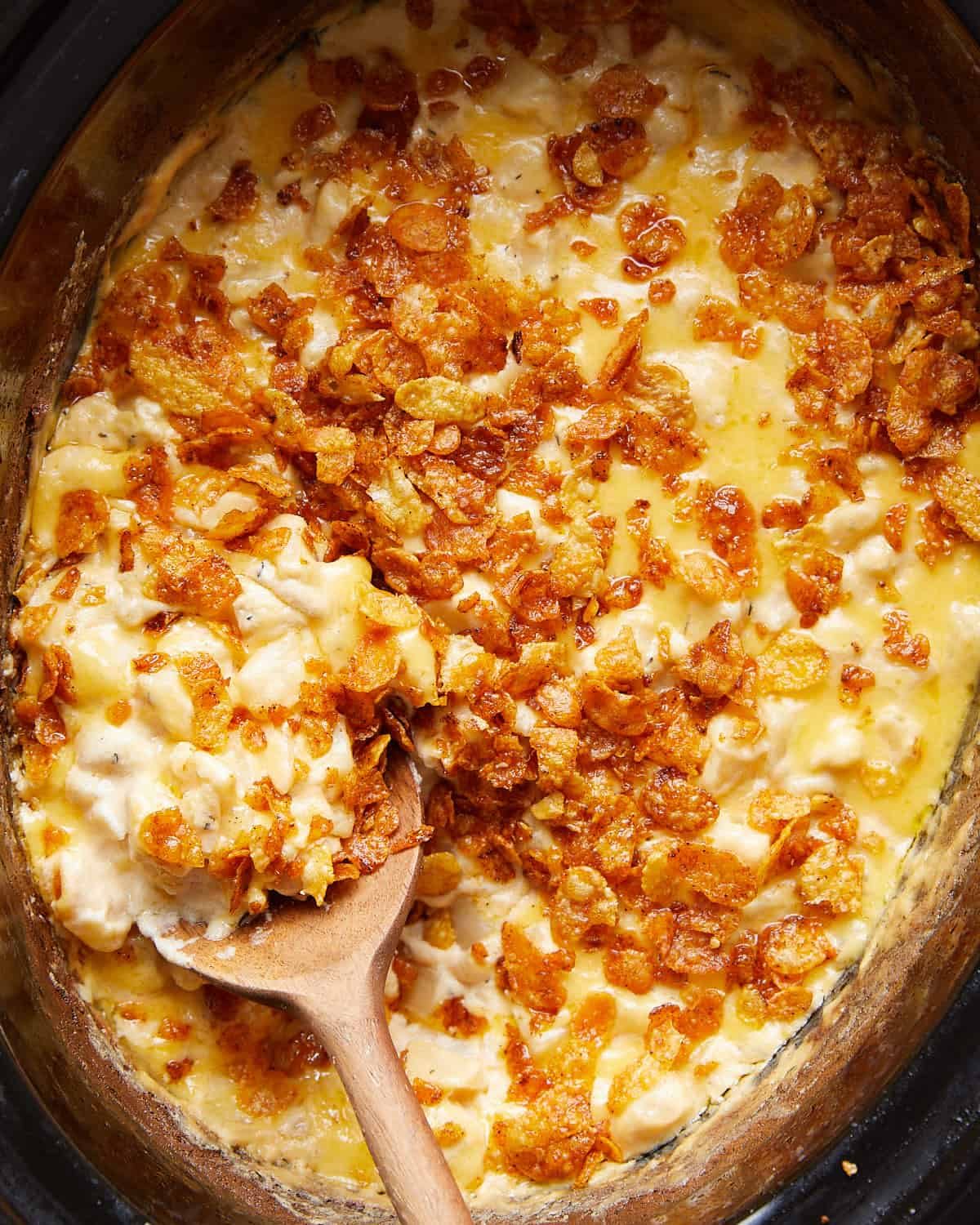 Overhead image of crockpot funeral potatoes.
