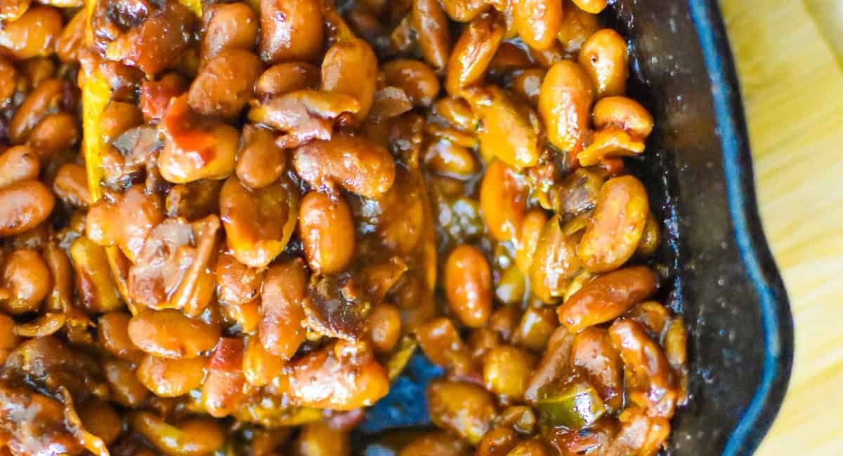 Overhead image of Texas BBQ baked beans.