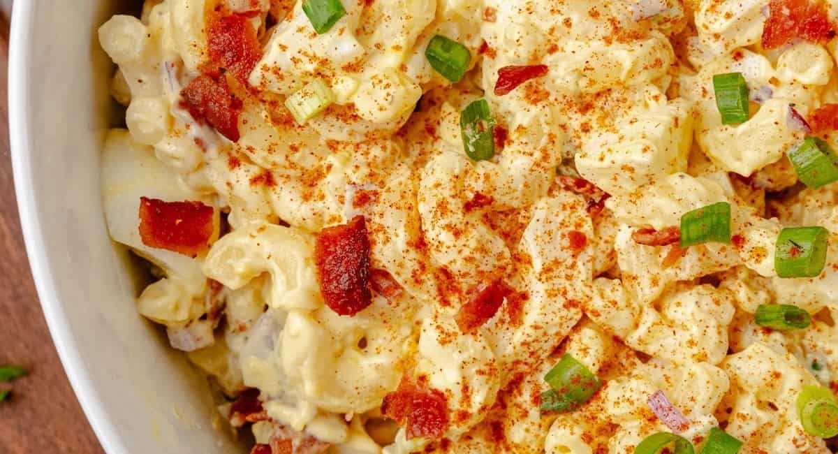 Up close image of deviled egg pasta salad.