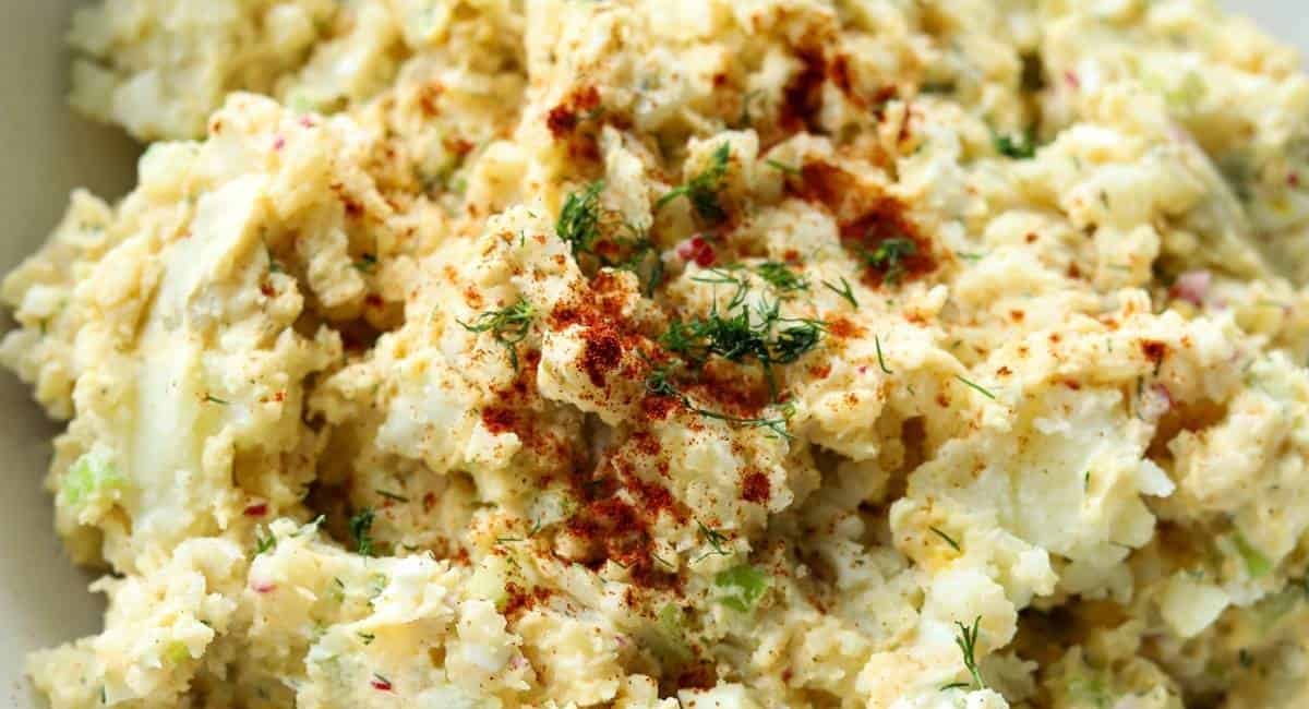 Overhead image of dill pickle potato salad.