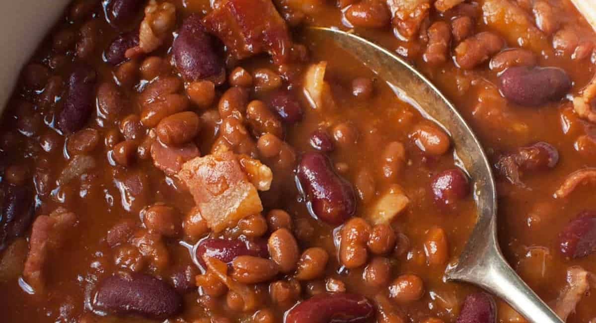 Overhead image of Dr. Pepper baked beans.