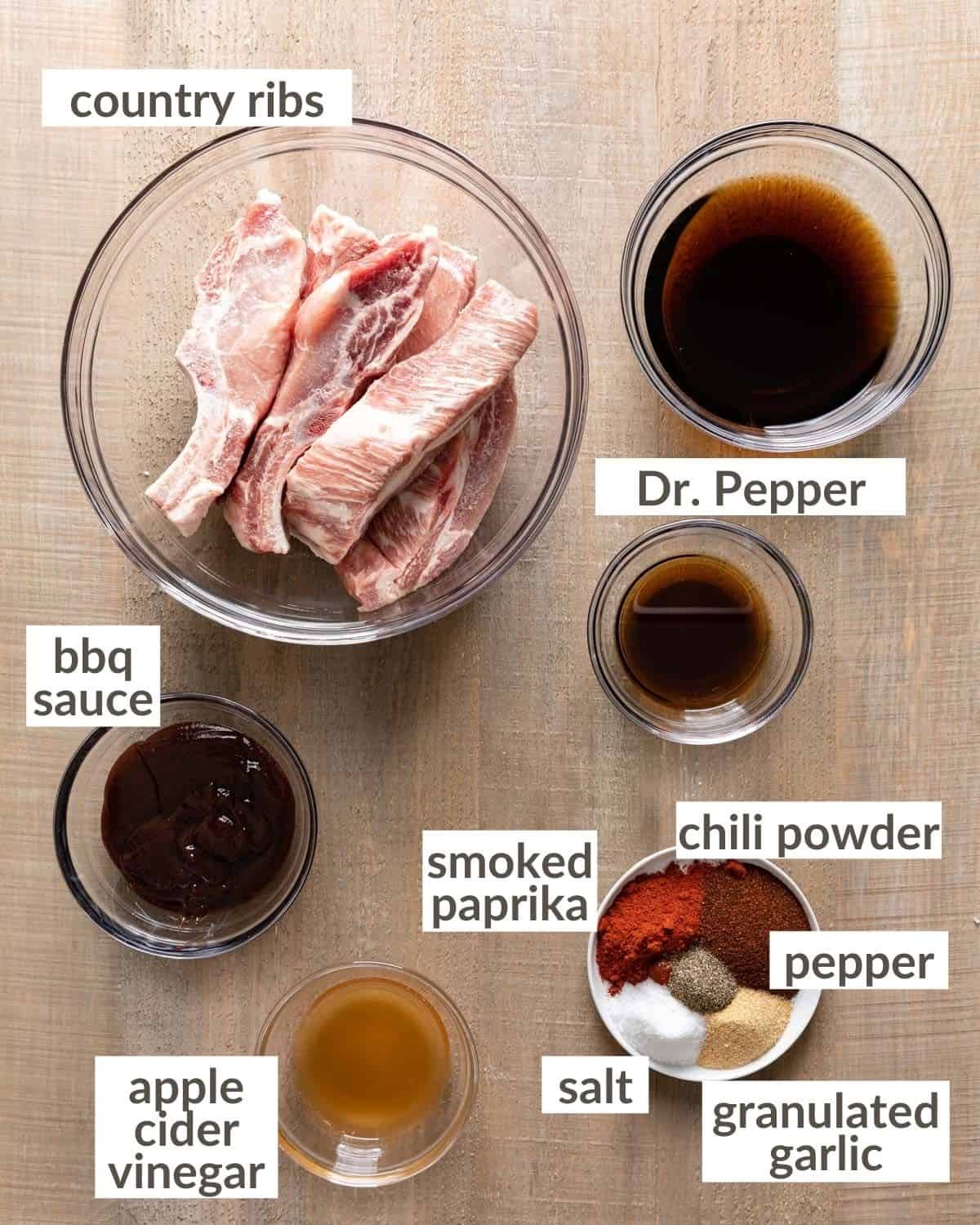 Overhead image of ingredients needed for Dr. Pepper crock pot ribs.
