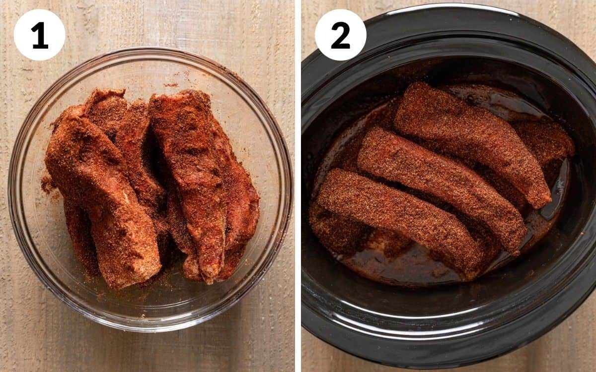 A two image collage showing the beginning steps of Dr. Pepper crock pot ribs.