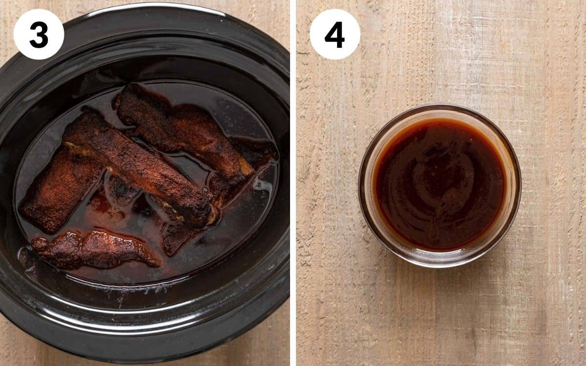 A two image collage showing the beginning steps of Dr. Pepper crock pot ribs.