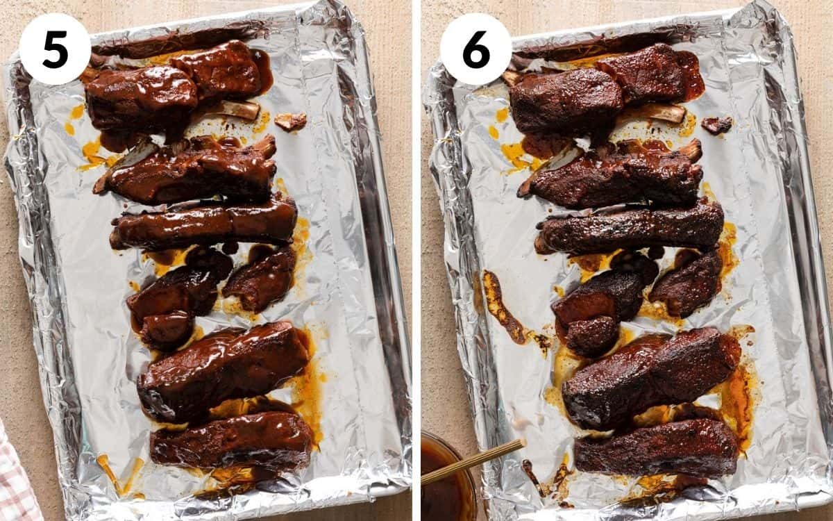 A two photo collage showing the final steps of Dr. Pepper crock pot ribs.