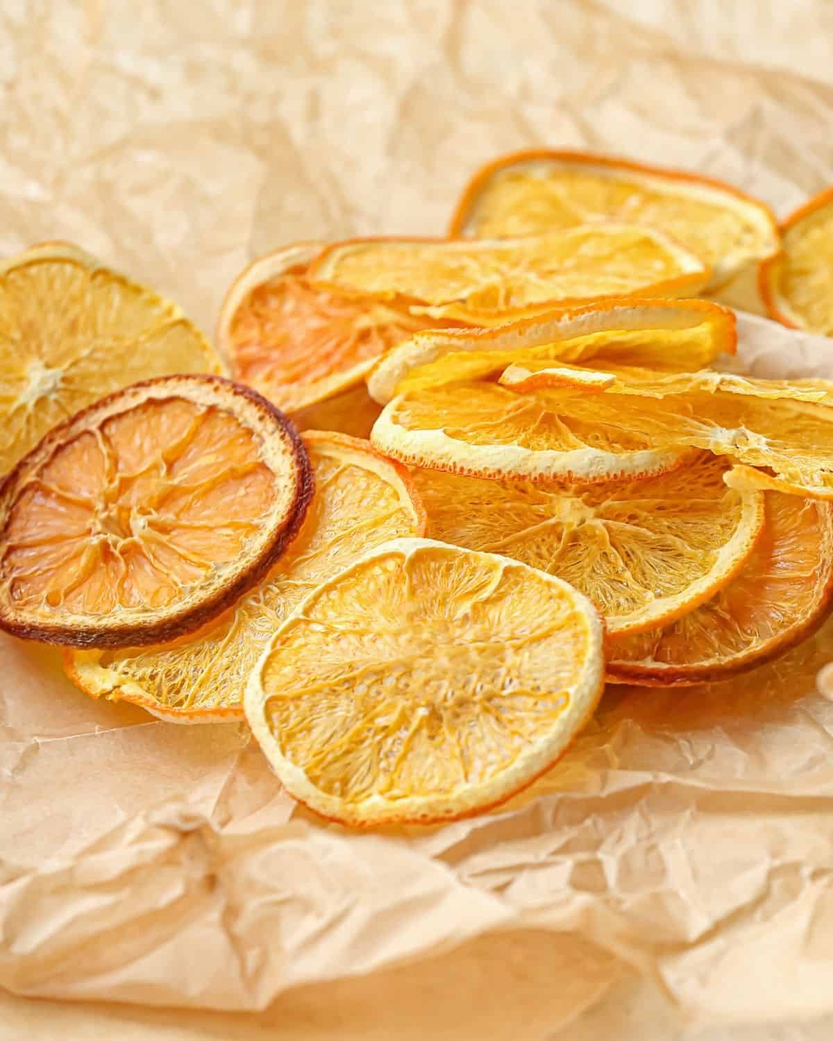 Up close photo of dry orange slices.