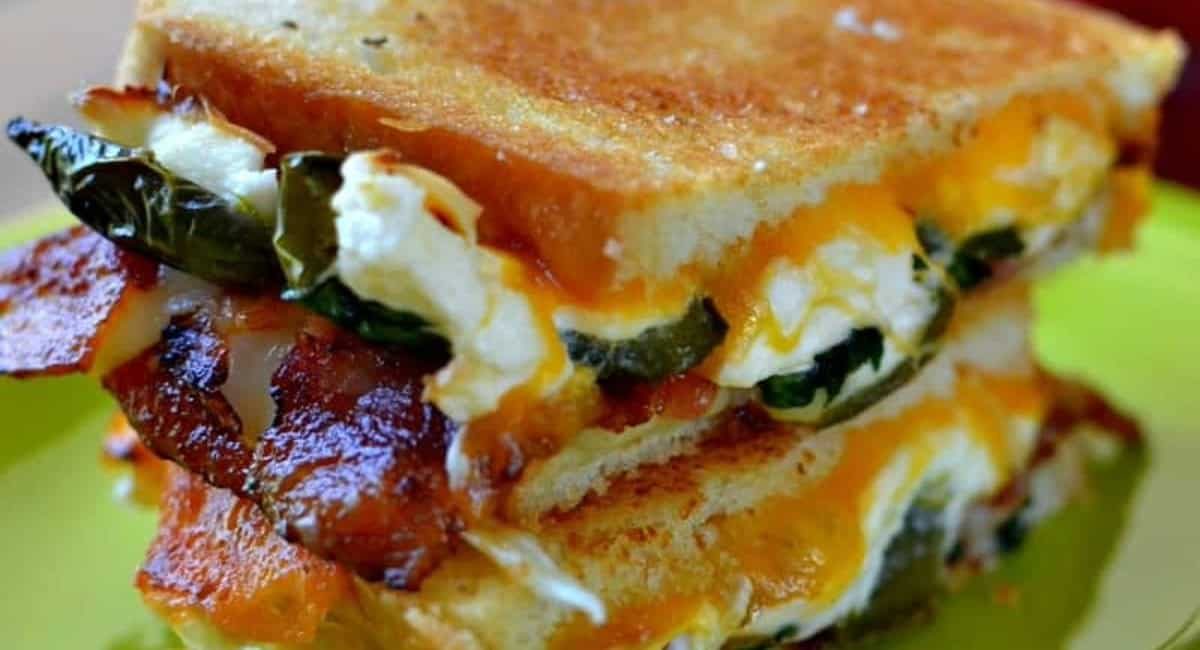 Up close image of jalapeno popper grilled cheese sandwich.