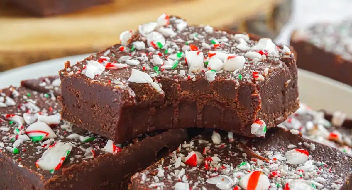 Up close image of chocolate peppermint fudge.