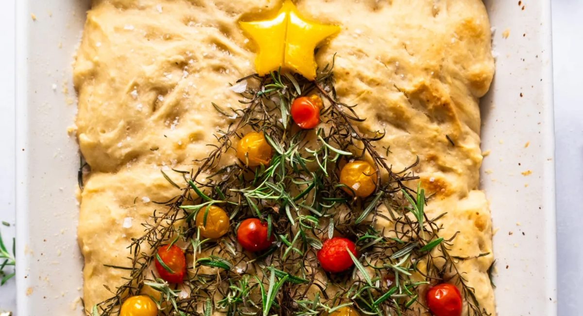 Overhead image of Christmas focaccia.