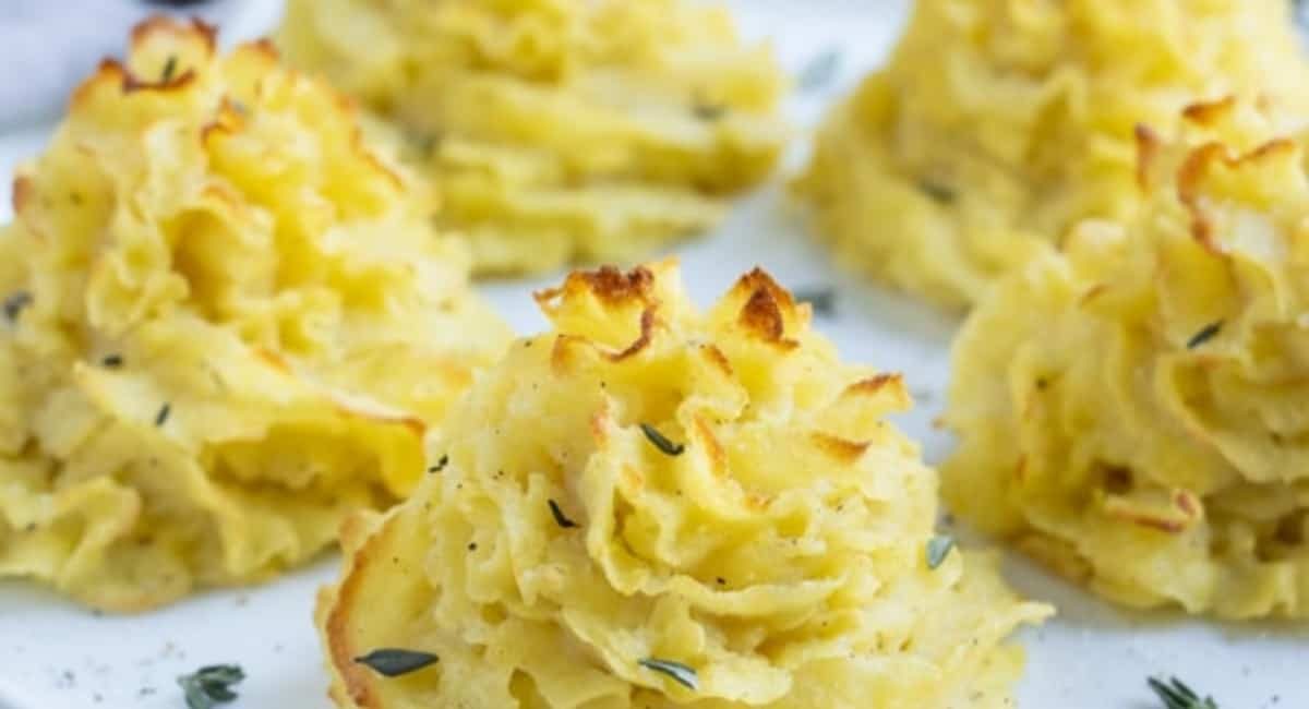 Up close image of duchess potatoes.