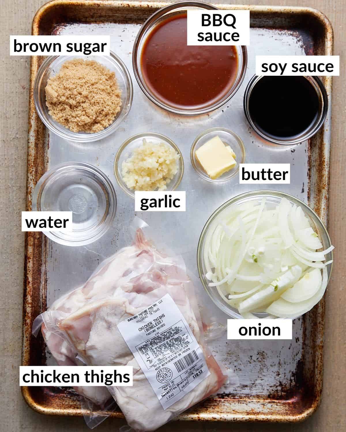 An overhead image of ingredients needed for dutch oven bbq chicken.