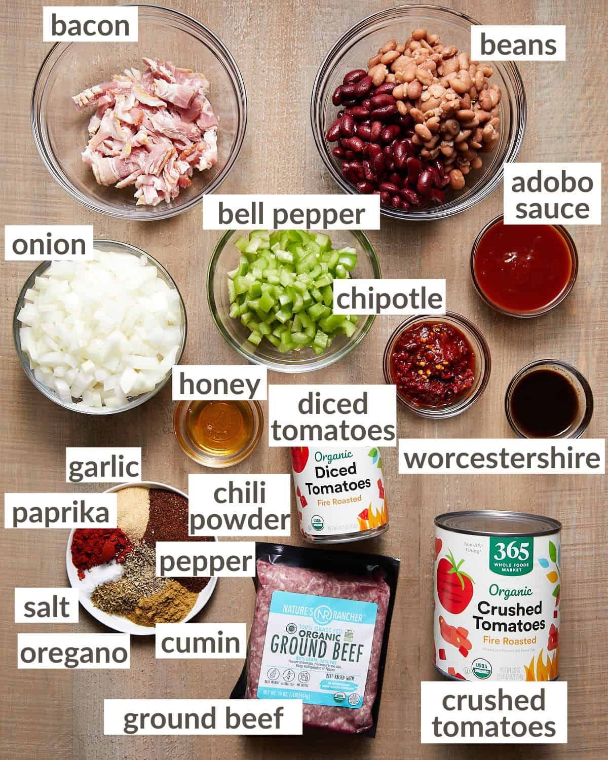 Ingredients needed for cast iron dutch oven chili.