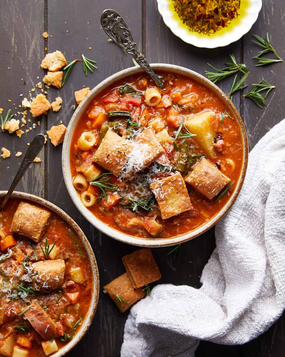 Overhead image of dutch oven minestrone soup.