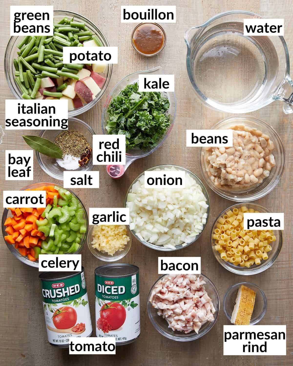 Overhead image of ingredients needed for dutch oven minestrone soup.