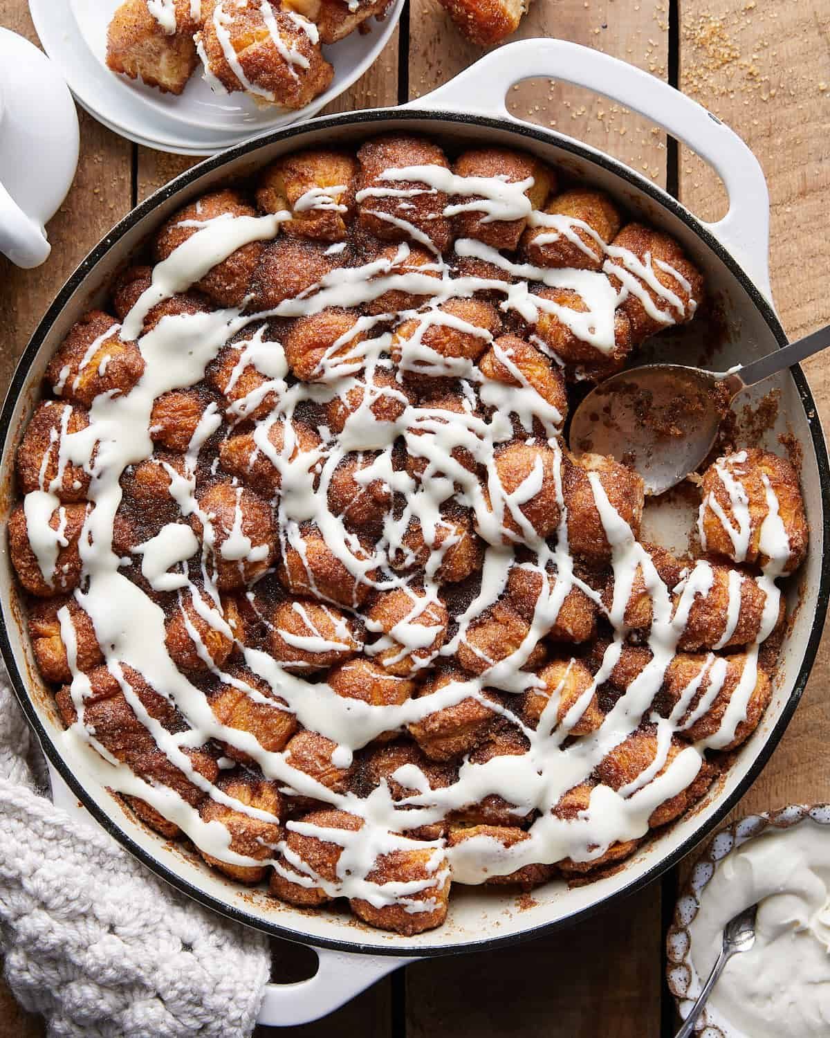 Overhead image of dutch oven monkey bread.