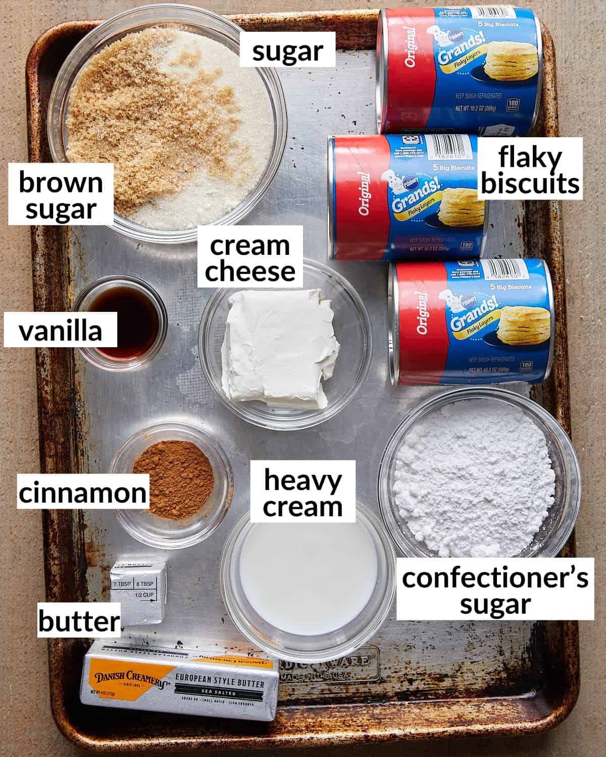 Overhead image of dutch oven monkey bread ingredients.