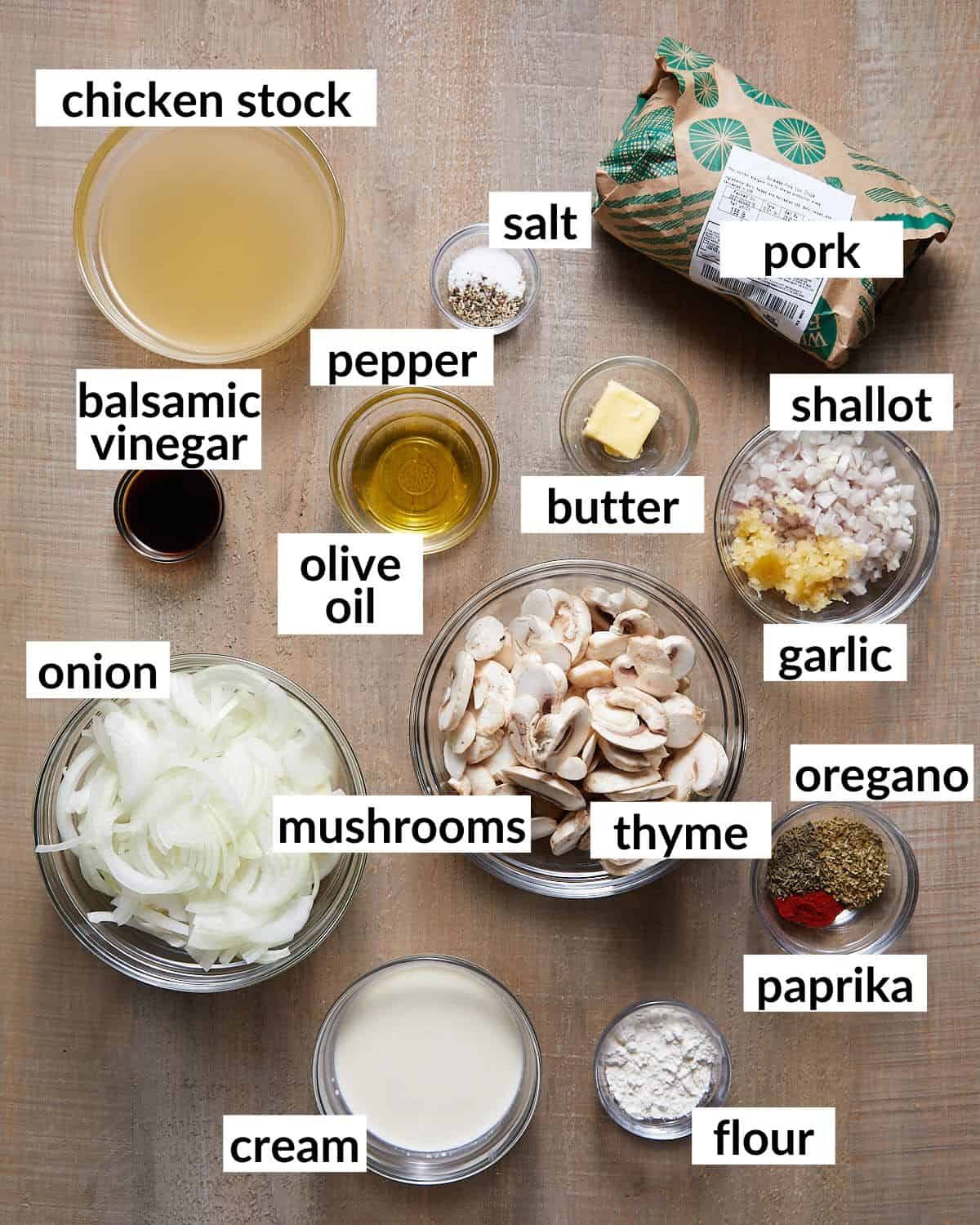 Overhead image of ingredients needed to make dutch oven pork chops recipe.