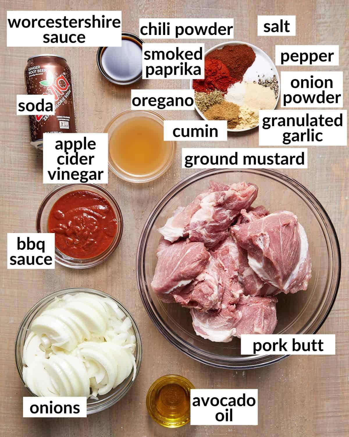 Overhead image of ingredients needed for dutch oven pulled pork.
