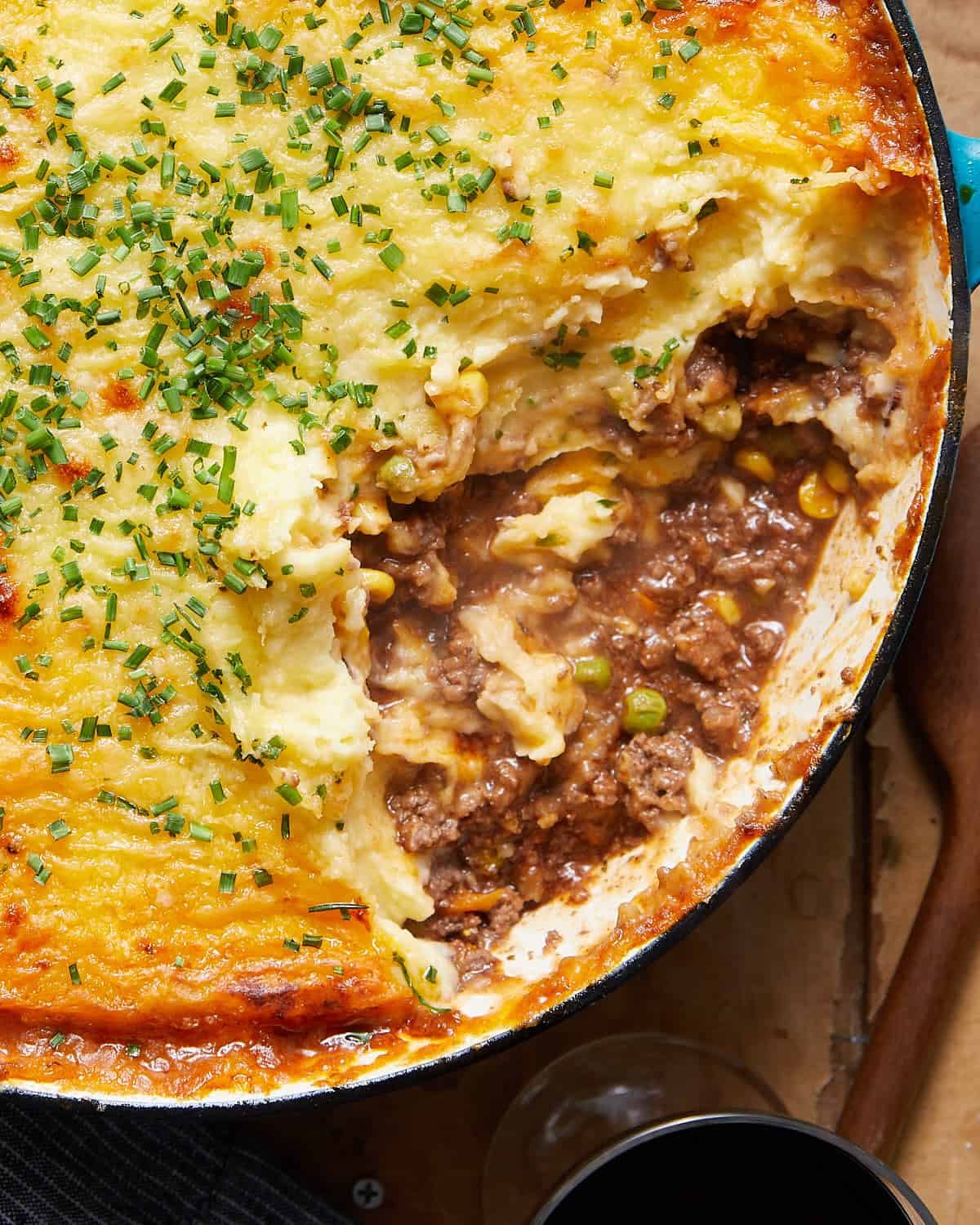 An up close image of dutch oven shepherds pie.