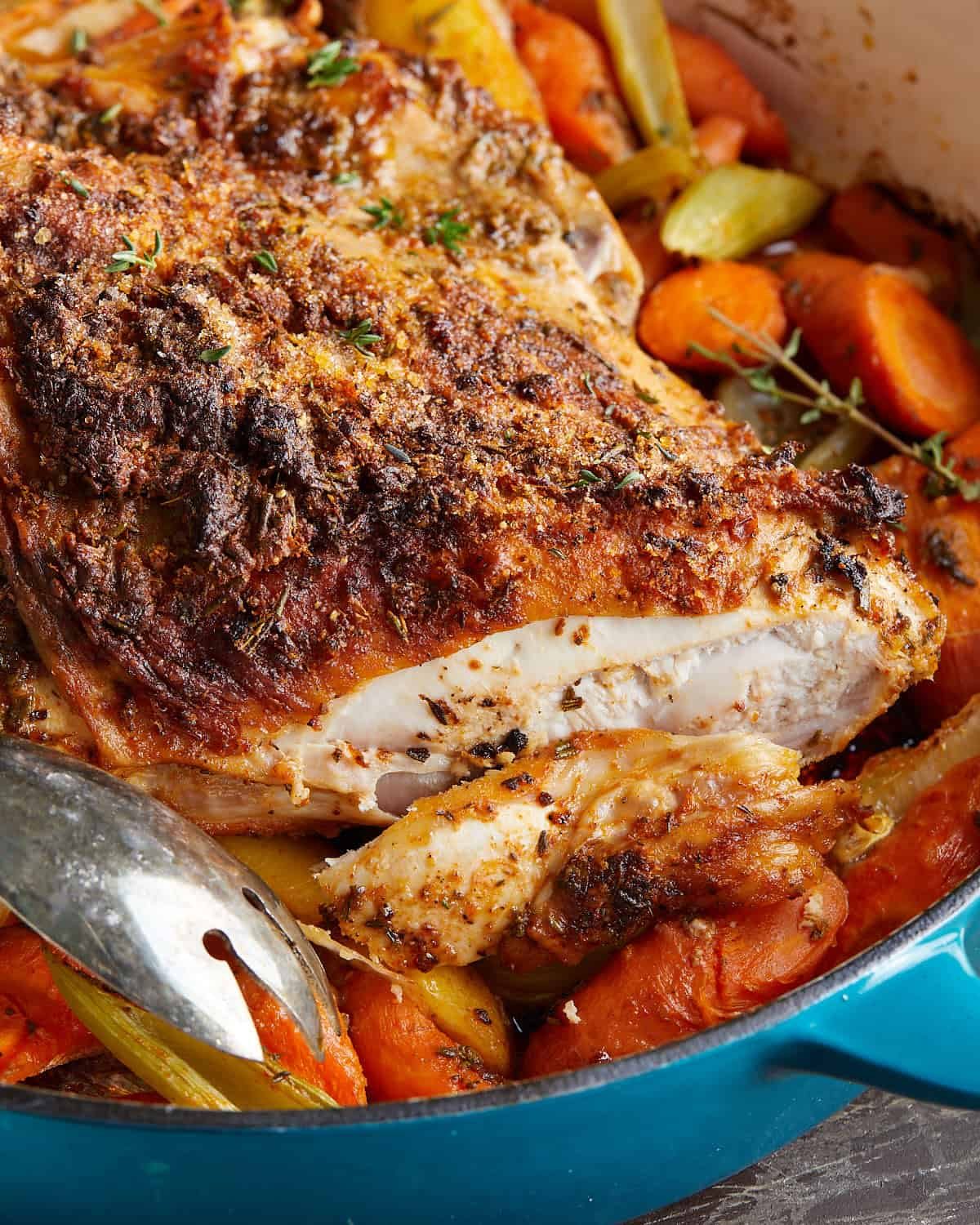Up close image of dutch oven turkey breast.