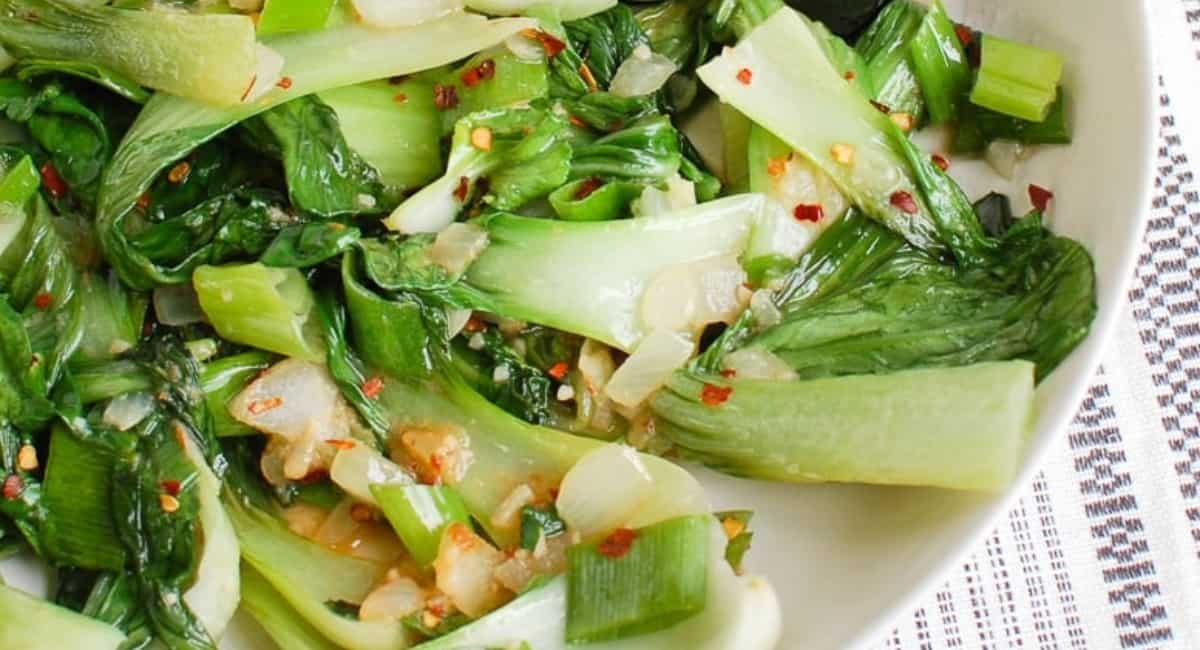 Overhead image of bok choy with garnish.