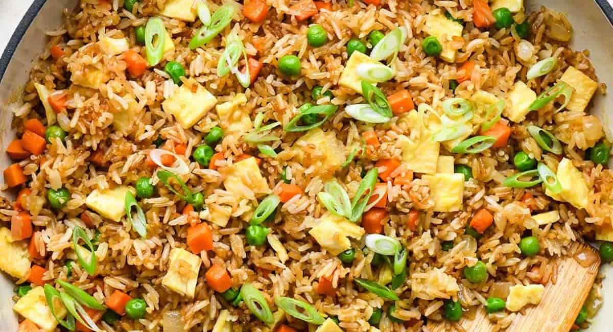 Overhead image of vegetable fried rice recipe.