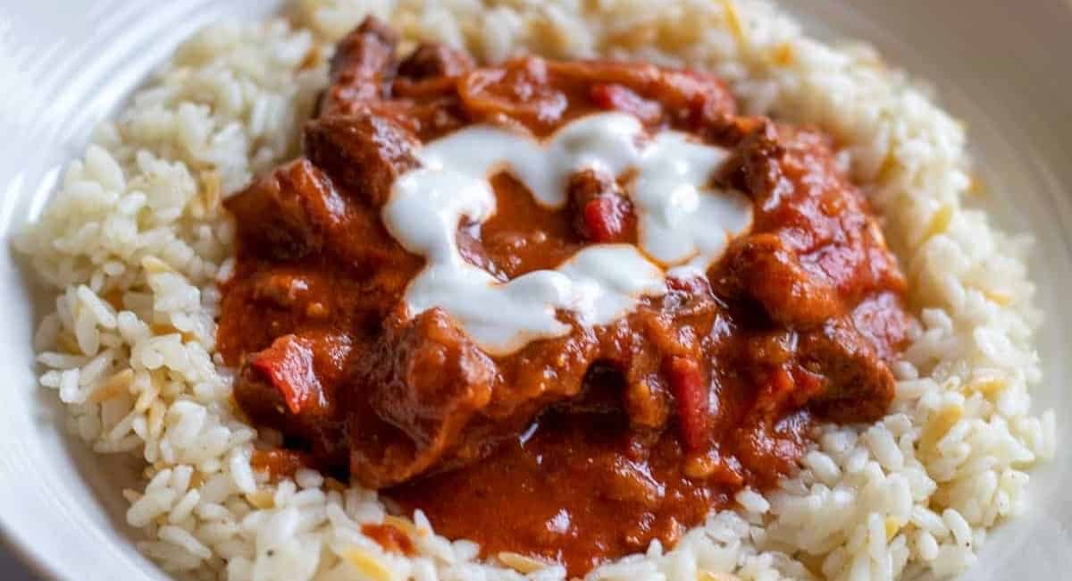 Overhead image of easy lamb goulash stew.
