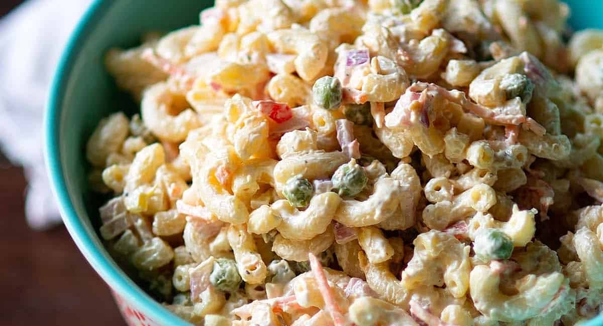 Up close image of easy macaroni salad.