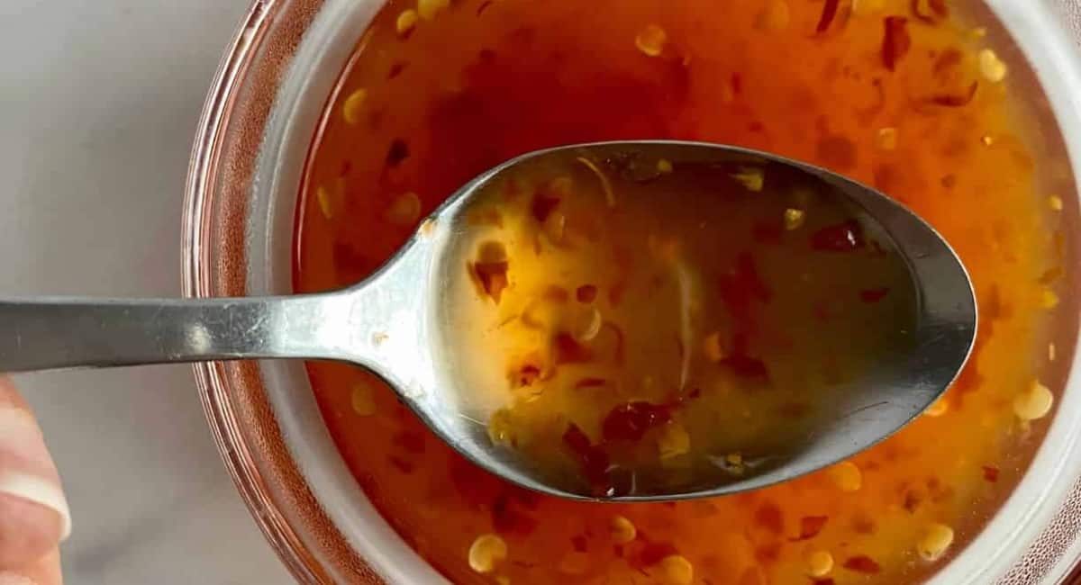 Overhead image of sweet chili sauce.
