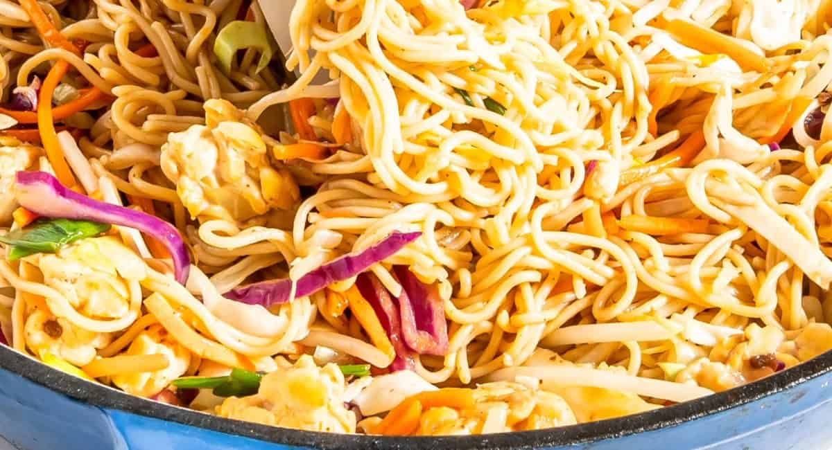 Up close image of vegetable chow mein.