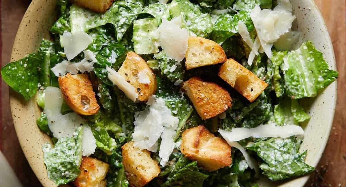 Overhead image of easy caesar salad recipe.