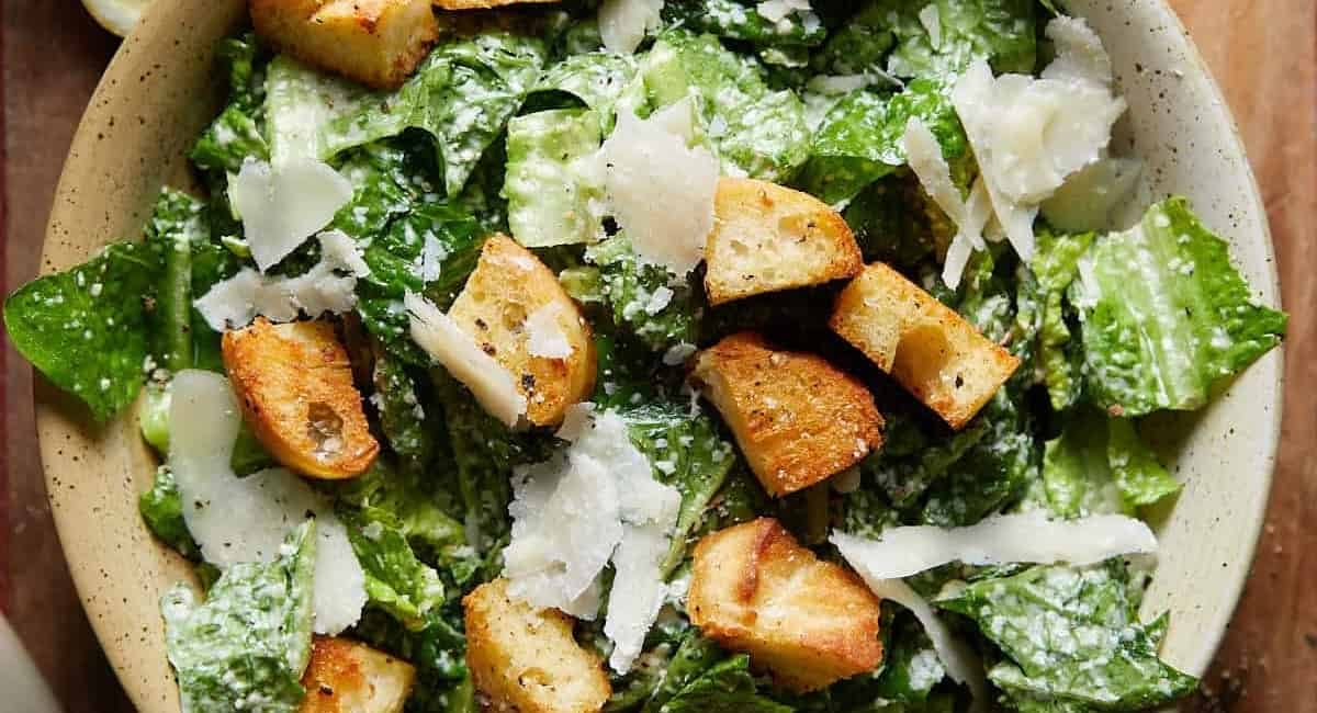 Overhead image of easy caesar salad recipe.