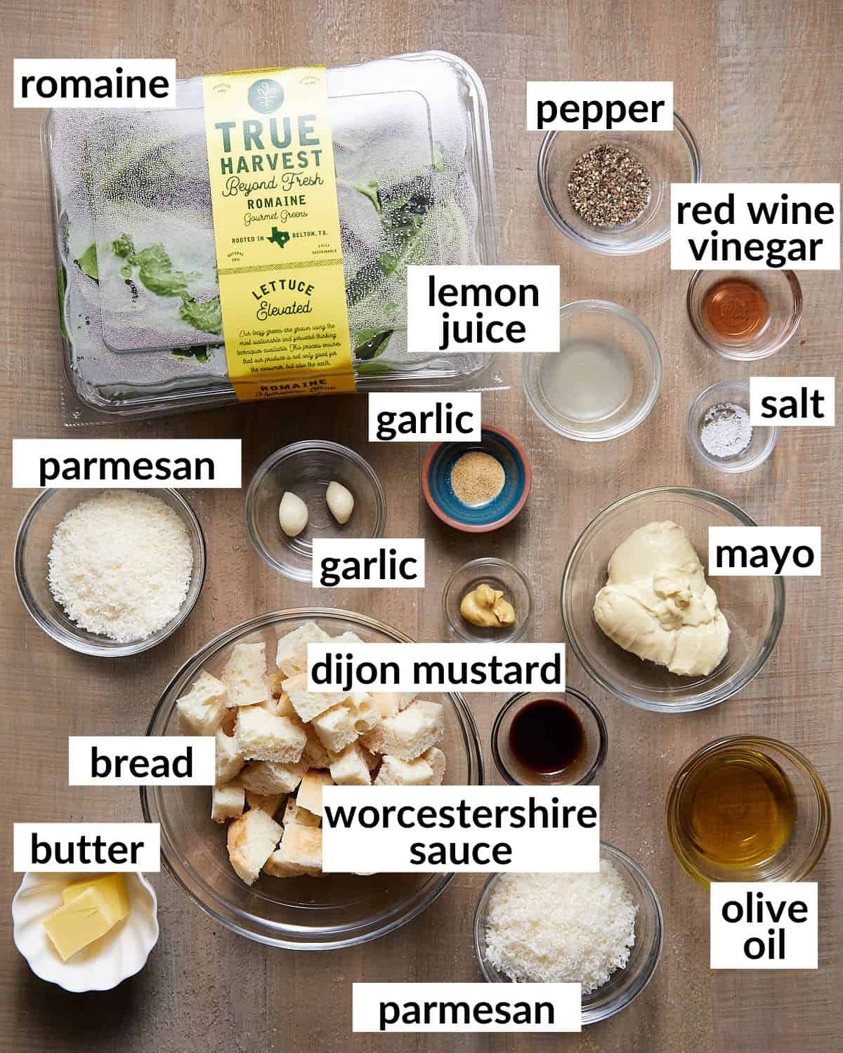 Overhead image of ingredients to make easy caesar salad recipe.